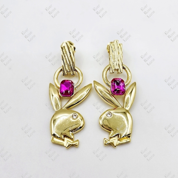 Oceanus x Playboy Bunny Golden Earrings Hot Pink Stone Rare New - Picture 3 of 4